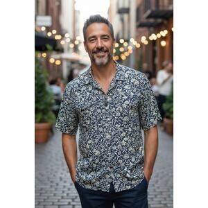 Daniel Cremieux Men's Blue + Tan Floral Tropical Short Sleeve Shirt Size XL